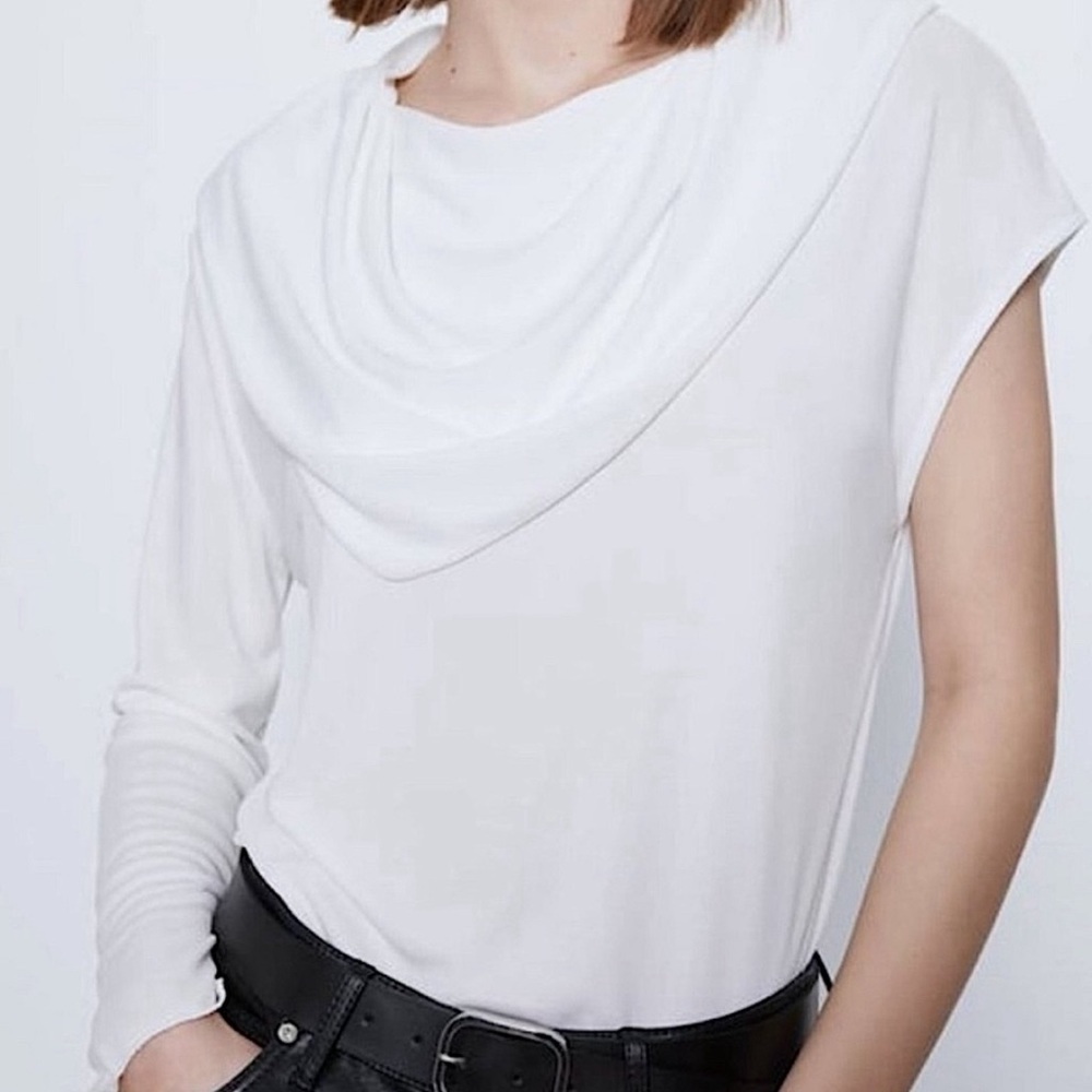 ZARA Asymmetric Long and Short Sleeve in White SZ S cowl neck basic minimalist 🆕